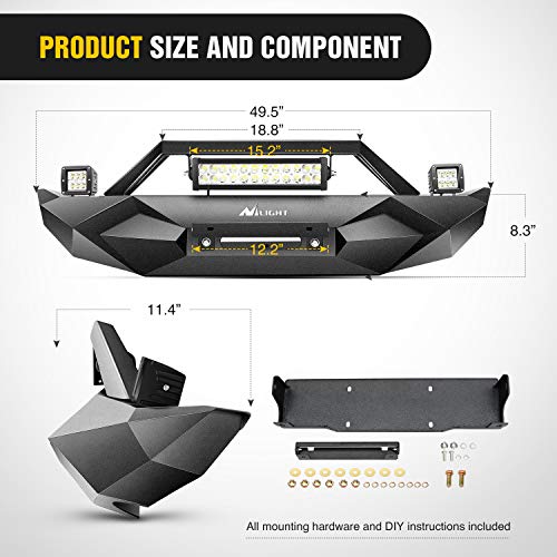Image of Nilight Front Bumper w /Winch Plate Compatible for 2018-2024 Jeep Wrangler JL with 72W LED light bar 2 x 18W LED Work Light Pod License plate bracket
