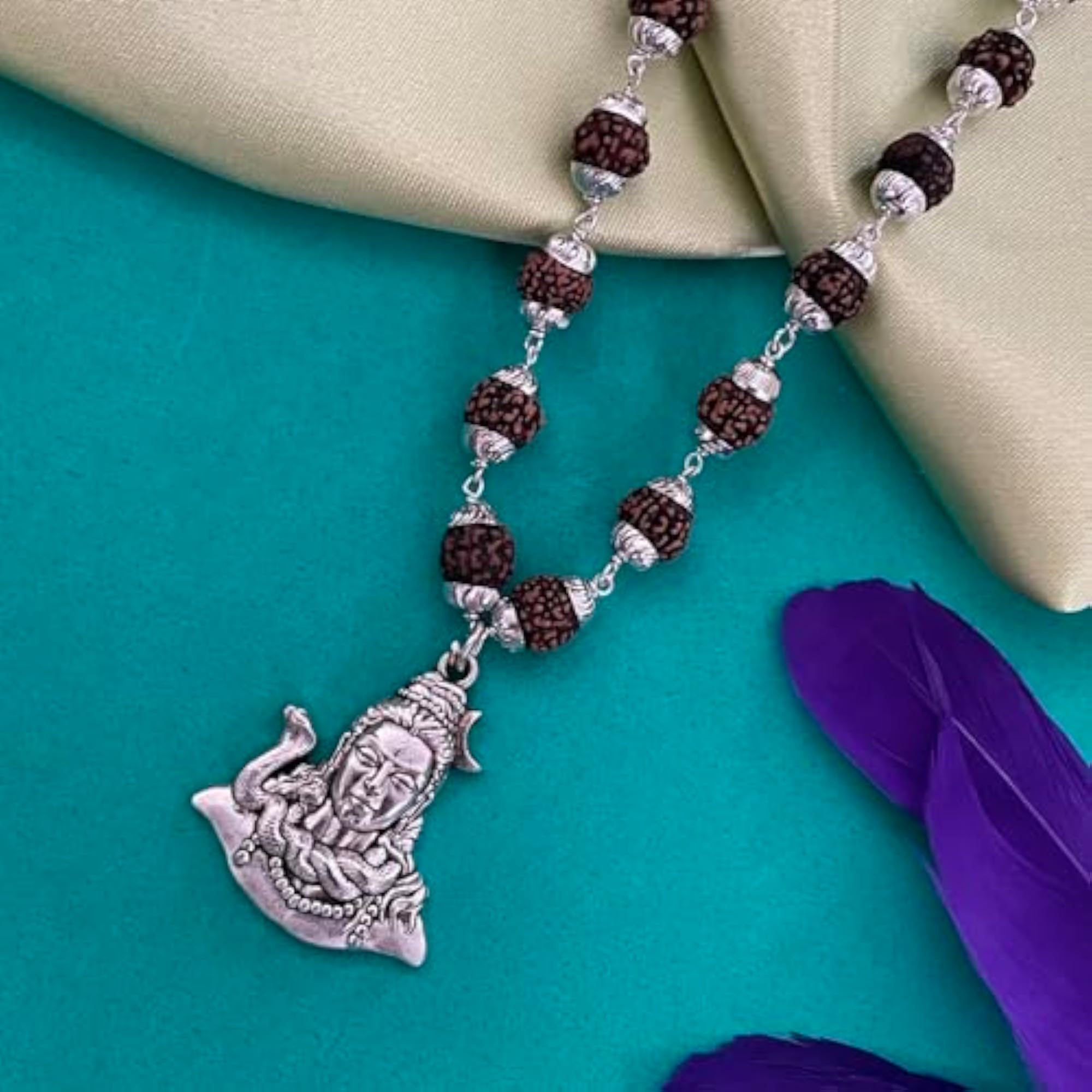 Lord Shiva Pendant Rudraksha Mala Necklace, Silver Plated