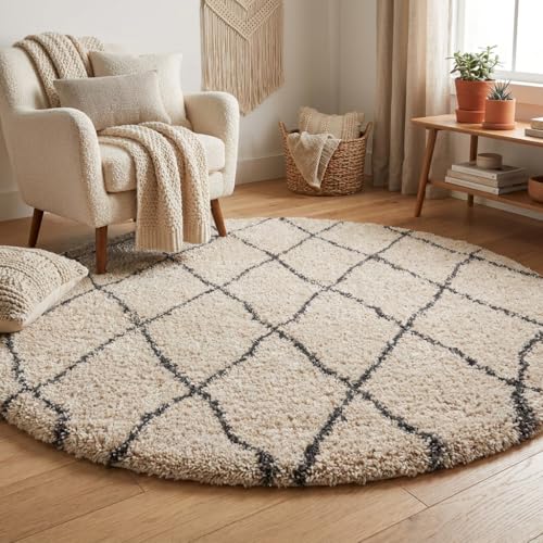 Image of Xenluxe Shaggy Polyester Microfiber Round Rug Carpet for Living Room | Ultra Soft Fluffy Plush Area Rug | Anti-Skid Non-Slip Backing | Washable Carpet for Bedroom- (5x5 feet, A8, Round)