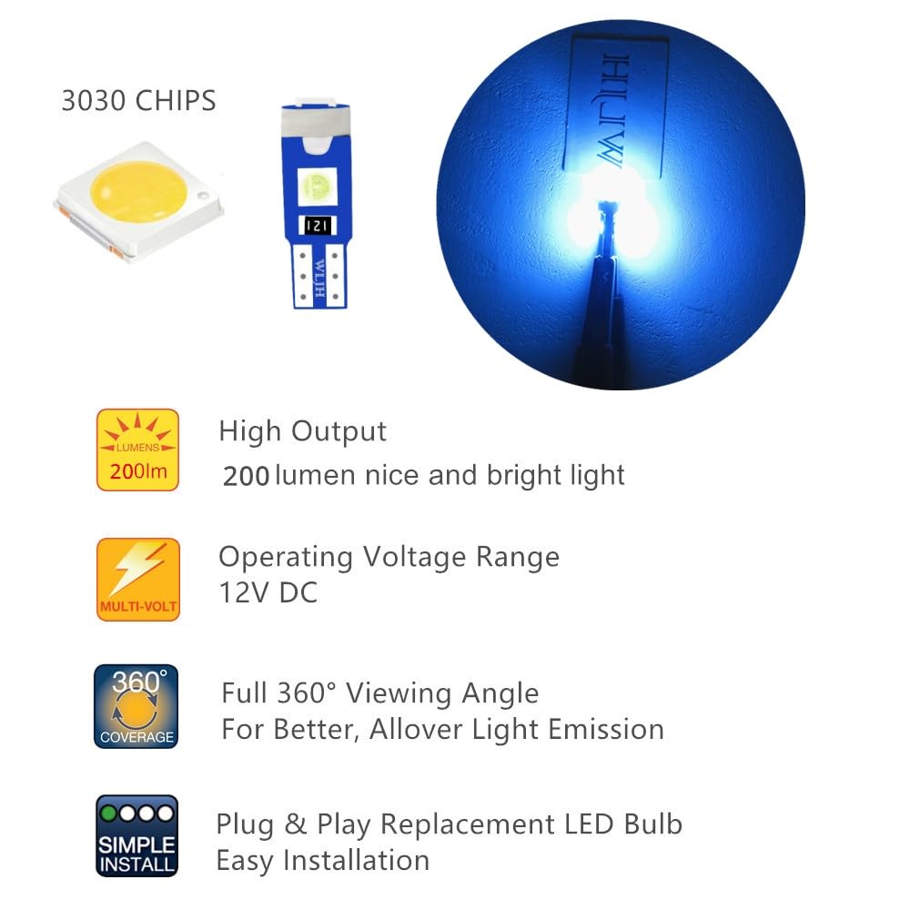 WLJH 6-pak Twist Socket 3030-3SMD LED żarówka lampa do wnętrz kopuła mapa instrumentu panel rozdzielczy klaster światła kierunkowskazu, lodowy niebieski