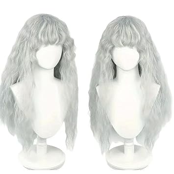 Women Long Wavy Gray Wig Synthetic Hair with Bangs for Griffith Cosplay Halloween