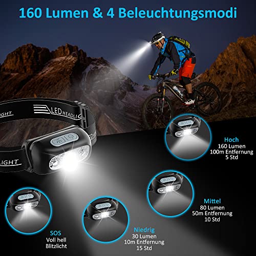 Cocoda Stirnlampe mit 4 Helligkeiten, Ultrahelle Wiederaufladbare LED Kopflampe, 160 Lumen, Wasserdichtes IPX6, Gestensensor, Einstellbarer Stirnlampe USB fürs Laufen, Joggen, Angeln, Camping, Jagd - 2