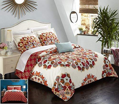 Chic Home4 Piece Maxim Large Scale Paisley Bohemian REVERSIBLE Printed with embroidered details. Queen Duvet Cover Set Red