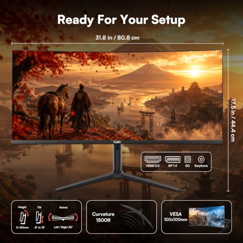 Image of 34 Inch Curved Gaming Computer Monitor with 180Hz Refresh Rate, WQHD 3440x1440, 127% sRGB, FreeSync,1500R Curvature & 178 Viewing Angle, Height Adjustable Base for Gaming, Business