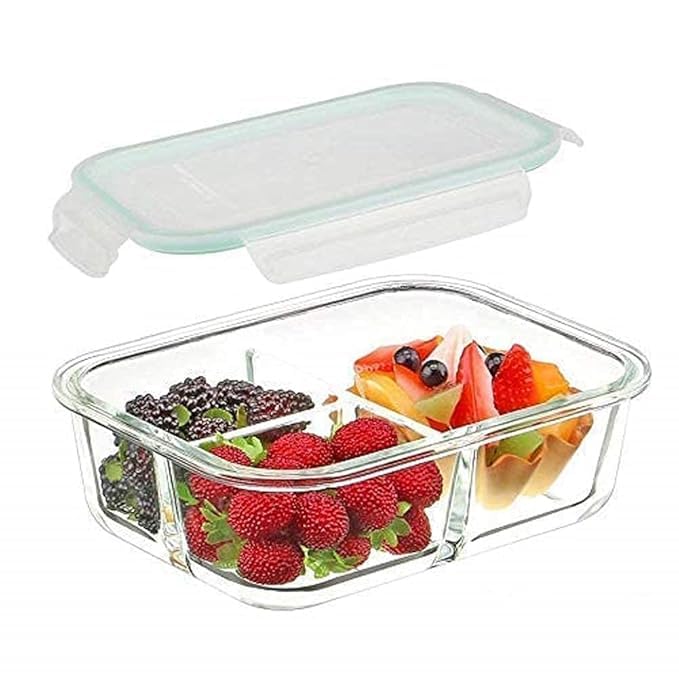Glass Food Storage Containers with Lids - 3 Compartment Divided Meal Prep Containers for Lunch at Work, Leak-Proof Portion Control, Microwave/Dishwasher Safe, 1 LTR