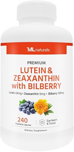 ML Naturals Luteína y zeaxantina prémium con arándano, 240 cápsulas vegetales. Luteína 40 mg, zeaxantina 5 mg y arándano 100 mg. Calidad premium.