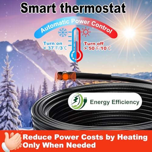 HEATIT HISD Heat Tape for Pipes 12ft Pipe Freezing Protection with Constant Wattage, Energy-Efficient with Built-in Thermostat, Safe for Metal and Water Filled Plastic Water Lines, CSA & ETL Approved - 2