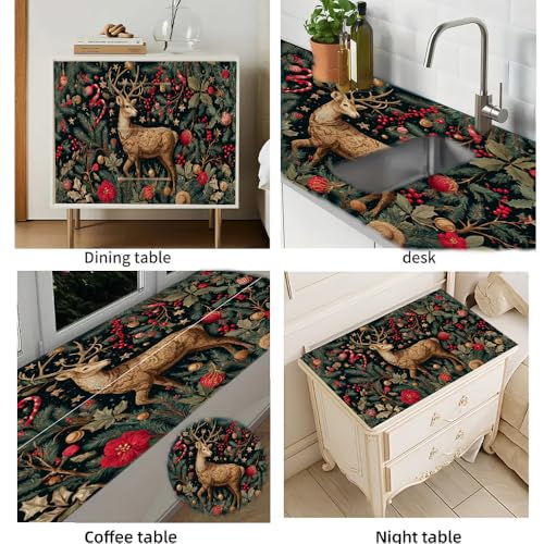 Image of Christmas Deer Forest Desktop Sticker 39.37x23.62In, Vintage Embroidery Style Desk Decal, Easy Clean Table Surface Sticker, Elegant Holiday Decor