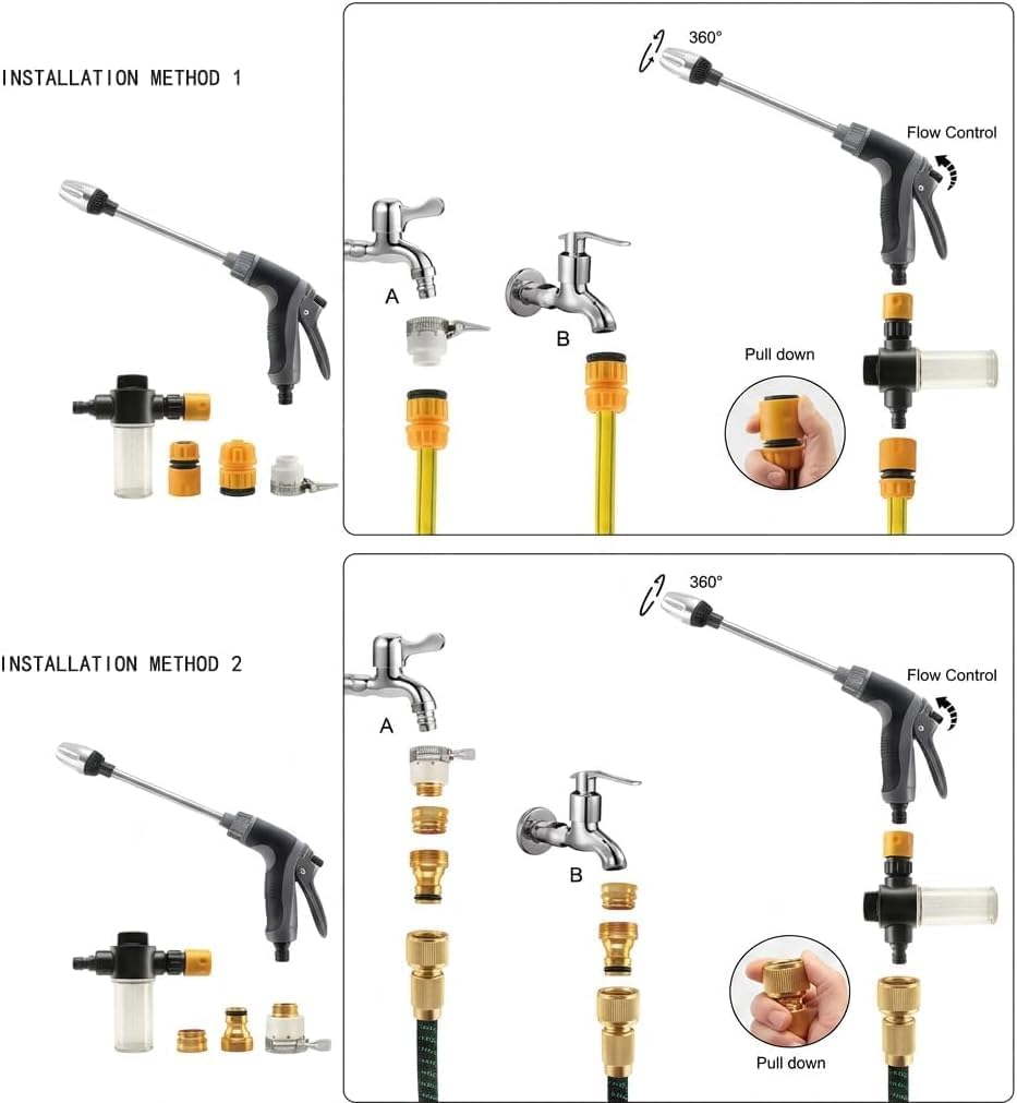 Aquoxis Pressure Washer, Aquoxis Spray Nozzle, Durable Stainless Steel,Easy Installation,Universal Compatibility, 360° Rotating for Three Spray Modes with Foam Pot (with Foam Pot + Metal 3 Connector)