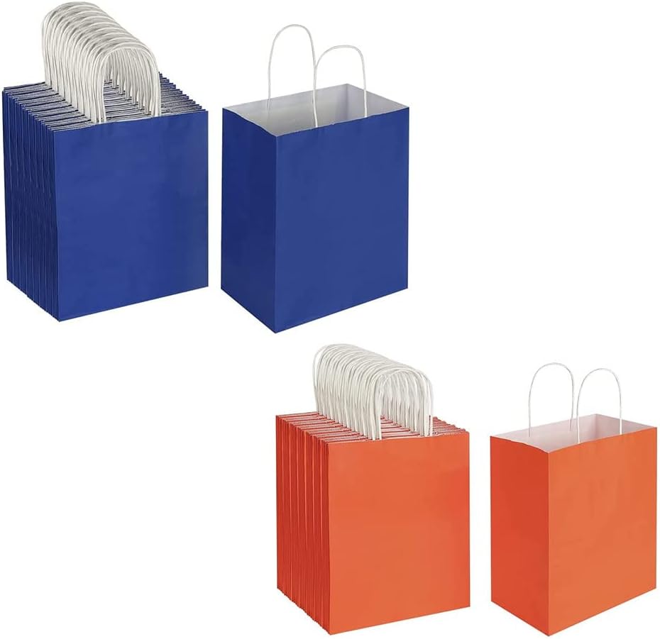 Each 100 Pack Medium Blue & Orange Kraft Paper Gift Bags with Handles Bulk