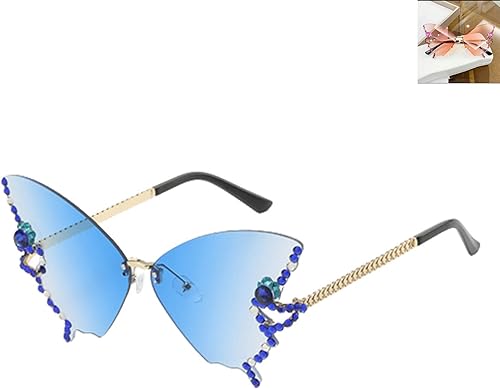 QQLADY Gafas de sol para mujer, gafas de sol de mariposa de diamante de lujo, gafas de sol de diamante sin montura, gafas de sol de protección UV
