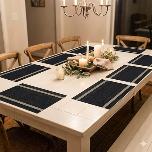 Image of YELONA Placemats Set of 8, Heat-Resistant Woven Vinyl Table Mats, Non-Slip & Washable Dining Tablemats for Kitchen & Dinner Decor, Black & Beige (45cm x 30cm)