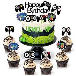 13 Pcs Cardboard Gamer Cake Topper Set with Sticks (Video Game)