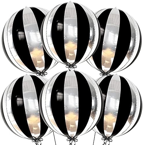 Big, 22 Inch Black and Silver Balloons - Pack of 6, Black and Silver Party Decorations | 360 Degree 4D Stripe Black Silver Balloons | Silver and Black Balloons for Black and White Party Decorations
