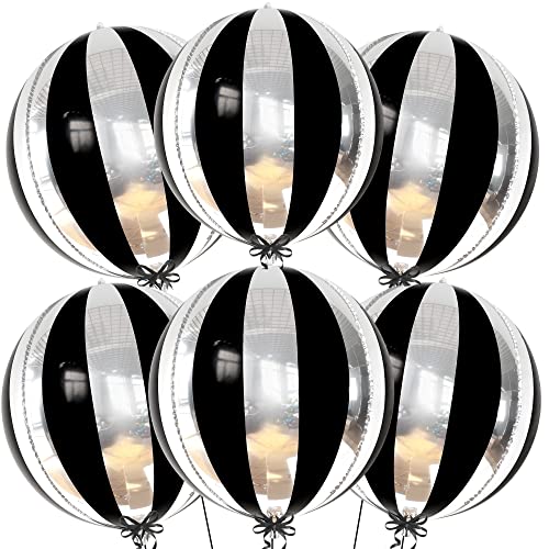 Big, 22 Inch Black and Silver Balloons - Pack of 6, Black and Silver Party Decorations | 360 Degree 4D Stripe Black Silver Balloons | Silver and Black Balloons for Black and White Party Decorations