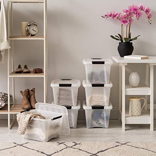 IRIS USA 19 Qt Stackable Plastic Storage Bins with Lids, 6 Pack - BPA-Free, Made in USA - Discreet Organizing Solution, Latches, Durable Nestable Containers, Secure Pull Handle - Pearl