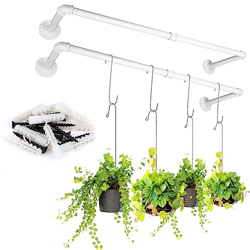 Yoiemivy Hanging Planter Bar with 4 Pcs Hooks White Wall Mount Planter Hanger Rod Minimalist Flowerpot Hanger Metal Plant Hanger for Window Wall Ceiling Herb Garden (White)