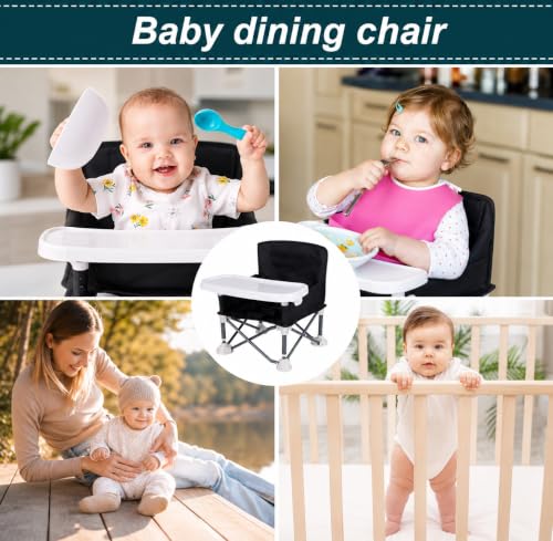 Image of Portable Foldable Baby Dining Chair with Removable Tray & Safety Belt | Travel-Friendly Baby Feeding Chair with Storage Bag | Lightweight Toddler High Chair | Black