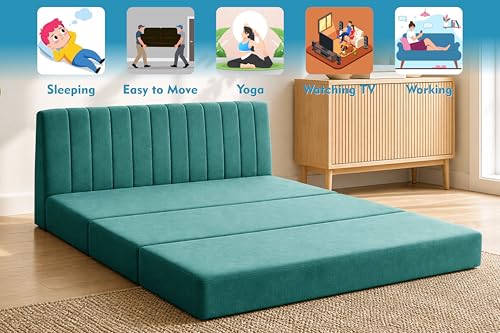 Image of 3-Seater Foldable Floor Sofa Bed with, Modern Velvet Fabric Folding Couch for Living Room, Guest Room & Small Spaces-Green