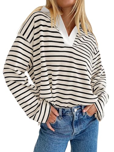 ZESICA Womens Striped Long Sleeve Tops Oversized Sweatshirt V Neck Loose Fit Tunic Tops Spring Casual Blouses