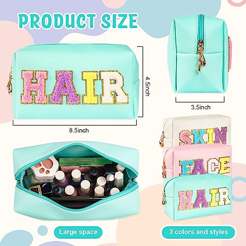 ZAUGONTW 3 Pcs Preppy Patch Makeup Bag Chenille Letter Bag, PU Leather Waterproof Toiletry Bag Hair Bag with Nylon Zipper Patches Makeup Organizer Bag Set for Women2