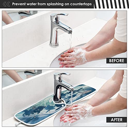 wamika sea turtle faucet water catcher mat 2 pack blue watercolor tortoise drying mat absorbent bathroom faucet handle drip catcher tray bar rv kitchen sink splash guard 14x5 inches