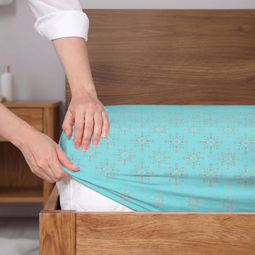 Image of Welspun ENZO Queen Size Fitted Bedsheet with 2 Pillow Covers | 360 Elastic | 100% Pure Cotton | 60 x 78 Inches | Soft, Breathable, Lightweight & Easy Care | Light Blue