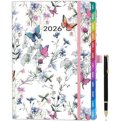 Kalender 2026 A5 – Wochenplaner & Kalender (Jan 2026–Dez 2026), Schülerkalender, Planer mit Monatsübersicht, Notizen & Kontakten, Hardcover-Terminplaner mit Stift – Flowers & Butterflies