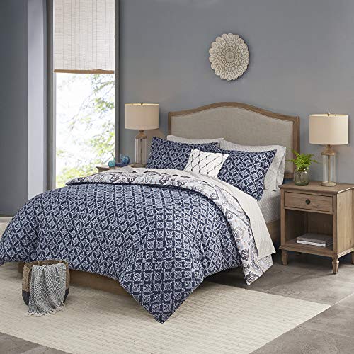Madison Park Essentials Titus Bed In A Bag Reversible Comforter With Complete Sheet Set, Casual Medallion Damask Print, All Season Cover, Decorative Pillow, Queen(90"X90"), Navy 8 Piece #TOP2
