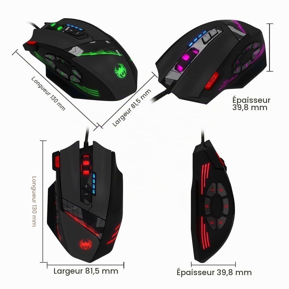 zelotes Souris Gamer Ergonomique Haute Performance,12 Boutons Programmables,Poids Tuning,Réglage 4 DPI,RGB,USB Souris Gaming pour PC,Mac,Idéal pour Les Jeux et Bureau