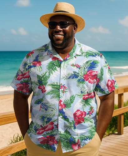 Weecreeture Big and Tall Men's Hawaiian Shirt - Short Sleeve, Tropical Floral Button Down Casual Summer Beach Shirt2