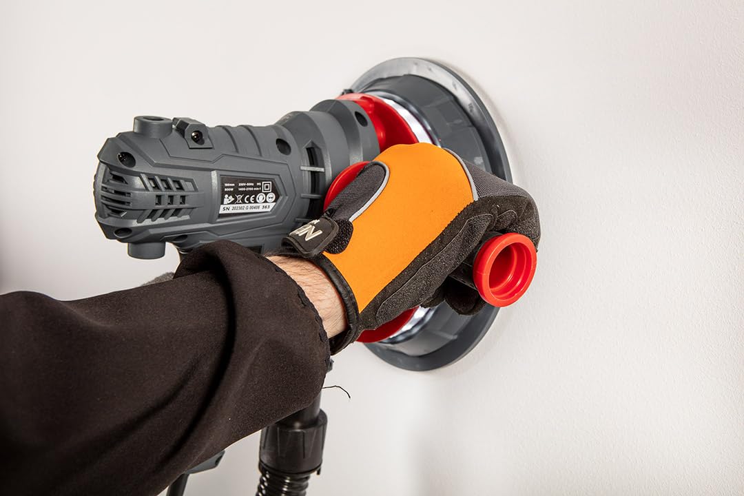 GRAPHITE Scheppach Lijadora de pared y techo - 1400-2700 RPM - Papel de lija de velocidad variable con luz LED - 900 W, tamaño de disco 180 mm - Lijadora profesional de yeso