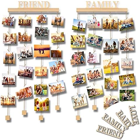 Uping Set of 2 Photo Display with 45 Clips and 4 Letter Boards Multi Picture Display DIY Wood Picture Frames Collage for Home Decoration (FRIEND BABY FAMILY LOVE frame) Cover
