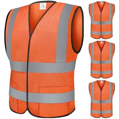 TICONN 2PK/4PK Reflective Safety Vest, High Visibility Vest with Reflective Strips for Men Women, Meets ANSI II X-Large Orange 4
