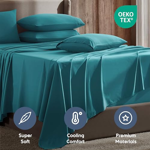 Image of Nestl Extra Deep Queen Sheet Set - 6 Piece Breathable & Cooling Sheets - Hotel Luxury Bedding Set w /18-24 Inch Deep Pockets - Easy & Secure Fit - Super Soft, Wrinkle Free & Comfy - Teal