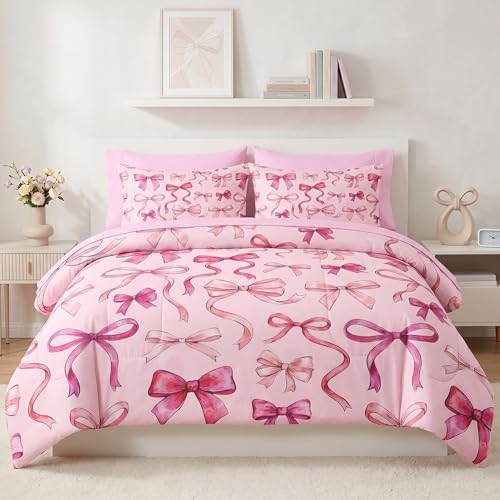 Image of Nesker Bow Comforter Set Full Size, 7 Pieces Bed in a Bag, Pink Watercolor Bow Bedding Set for Girls, Coquette Bows Comforter Set with 2 Pillowcases & 2 Shams