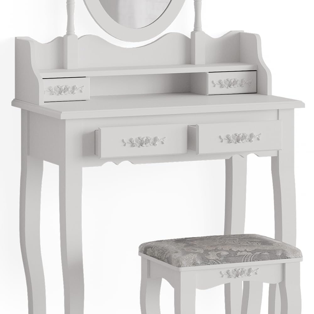 Vicco Tavolo da toeletta Meghan, Bianco, 75 cm | con sgabello, con sgabello e specchio ovale fissato in modo permanente