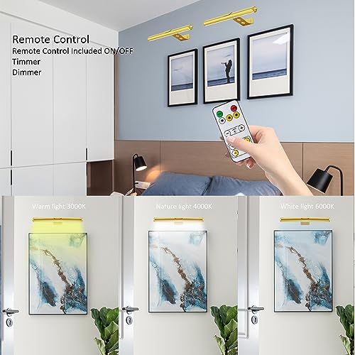 Image of Wireless Picture Light Battery Operated,Rechargeable Painting Light with Remote Control, Metal Art Light Dimmable Display Lamp,3 Modes with Timer for Frame Dartboard Gallery,300LM, Gold