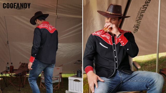COOFANDY Herenshirt, western, cowboyshirt met borduursel, knoopsluiting en lange mouwen, XXL