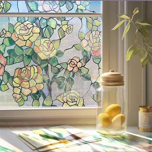 3D窓用フィルム 3D立体感 薔薇柄 目隠しシート 窓ガラスフィルム ステンドグラスシール エンボス凹凸質感 何度でも貼り直せる 遮熱 紫外線カット アンティーク プライバシー保護 DIY インテリア 【薔薇】凹凸質感 60x200cm