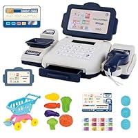 DiiWmme Toy Cash Register for Kids Ages 3+, Pretend Play Shop with Scanner, Sounds, Toy Money and Shopping Basket, Educational Role Play Gift for Boys and Girls (Blue)