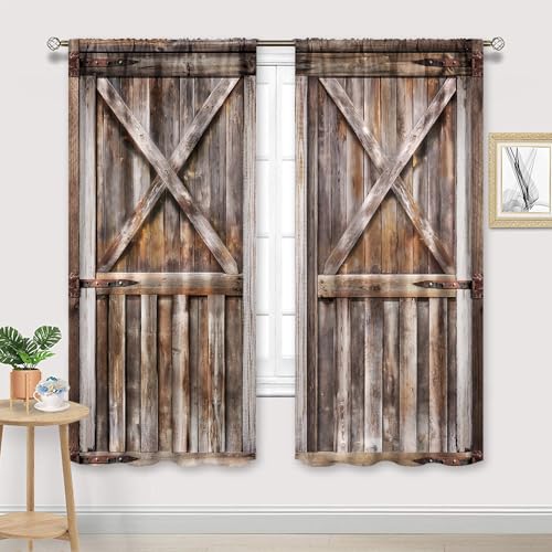 Cinbloo Rustic Barn Door Curtains Brown Wooden Rod Pocket Farmhouse