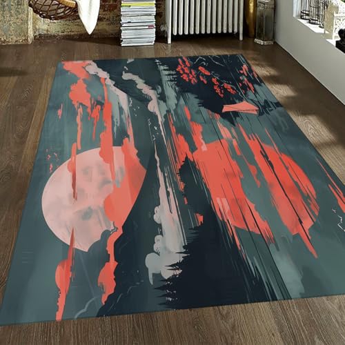 Tapis lavable Ukiyo-e lune rouge : la solution déco douce et stable