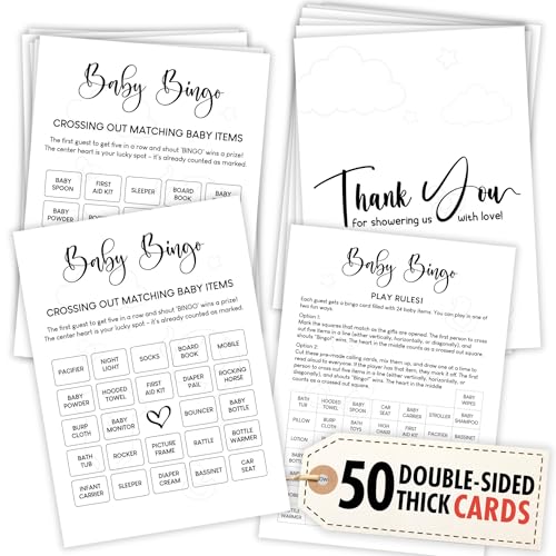 WOODAMORE Baby Shower Bingo Game For Girl - Baby Bingo For Baby Shower Boy, Bingo Baby Shower Game Gender Neutral For 50 Guest, Fun Baby Shower Activities
