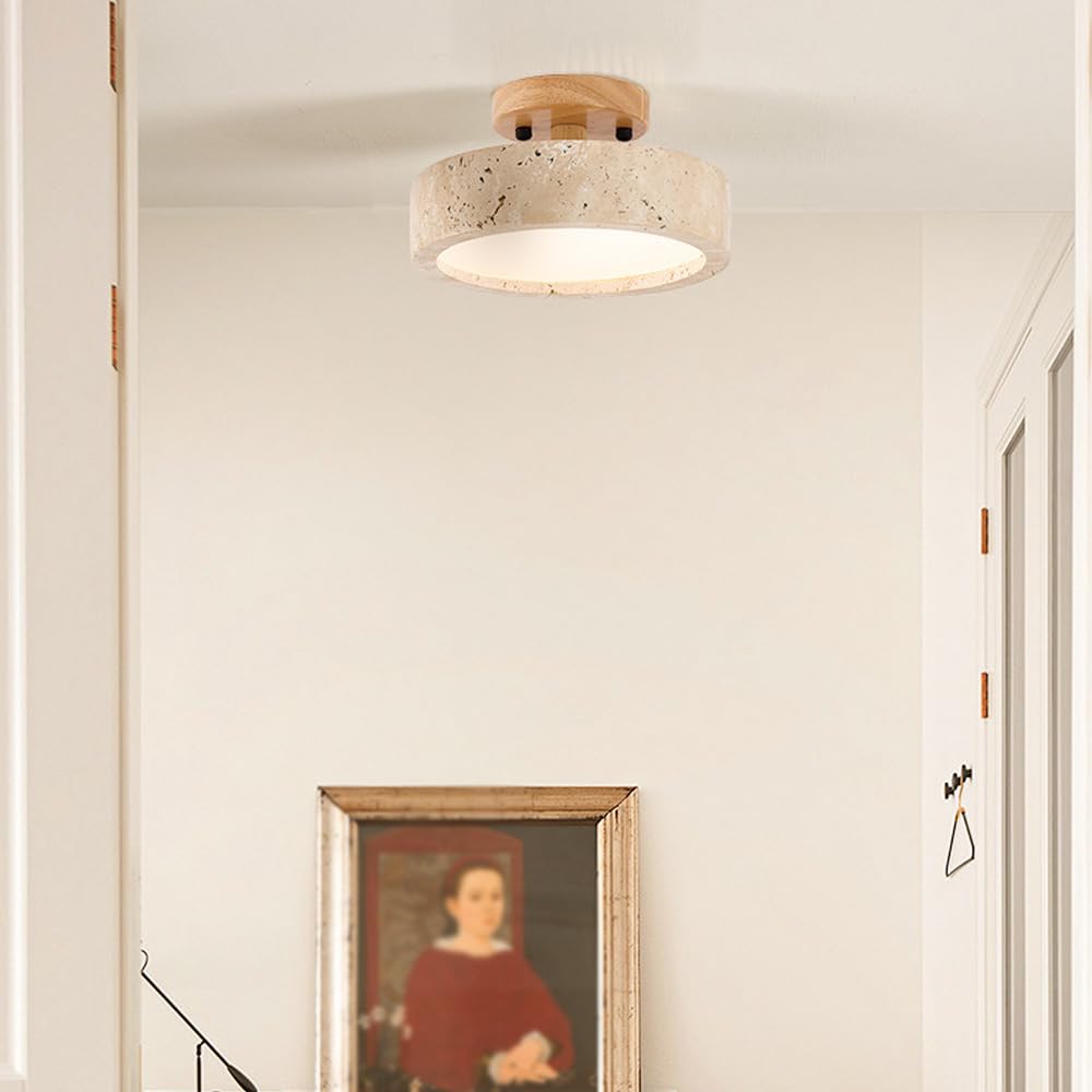 TRIVIDHA Minimalistische Deckenleuchte aus Stein, Wabi-sabi, Beige, nahe der Decke, 7,9 Zoll, Deckenleuchte mit Holzsockel, E27, Beleuchtung, Deckenleuchten aus Marmor, für Flur, Schlafzimmer, Küche