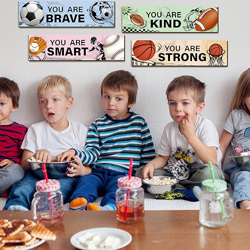 Geetery 4 Pcs Sport Bedroom Wall Decor Boys Room Decor for Kids Soccer Basketball Baseball Football Wall Art Inspirational Wooden Hanging Sign for Boys Girls Kids Nursery Playroom Kindergarten - Image 3