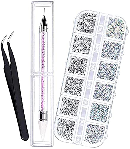 KEPTFIT 1440 Pieces Flat Back Gems - 6 Sizes Crystal AB Rhinestones for Nails Clothes Face Craft - With Pick Up Tweezer and Rhinestone Picker Dotting Pen