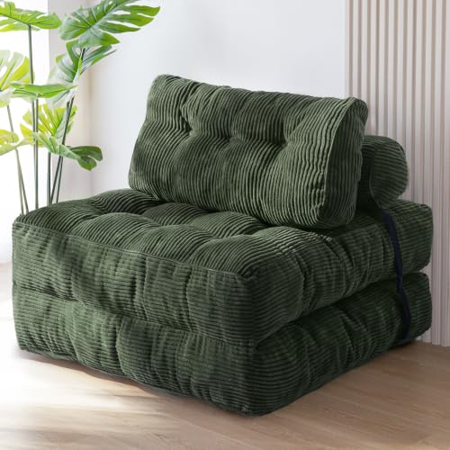 Image of MAXYOYO Folding Sofa Bed, Convertible Chair Bed with Pillow | Foldable Couch with Back Support, Portable Fold Out Chair Comfy Floor Sofa for Living Room Bedroom, Dark Green, Single