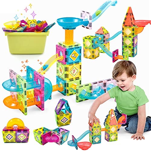 Magnetische Bausteine Fliesen 64 STÜCKE 3D Konstruktion Rohrbau Spielzeug für Kinder 3 4 5 6 7 8 Jahre alt STEM Magnet Fliesen Set Kreativität & Lernspielzeug Spiel Geschenk für Jungen Mädchen Cover