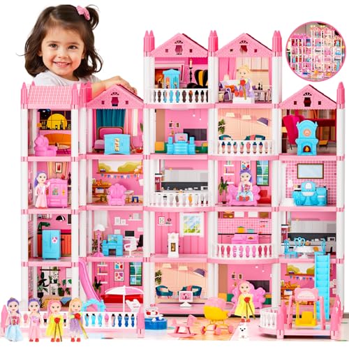 Großes Puppenhaus für Mädchen mit 5 Etagen und 22 Zimmern, Puppen, Matte, LED-Licht, Möbel, Welpe und Zubehör Puppenhausgeschenk für Kleinkinder – Spielzeug für Mädchen von 3 bis 10 Jahren